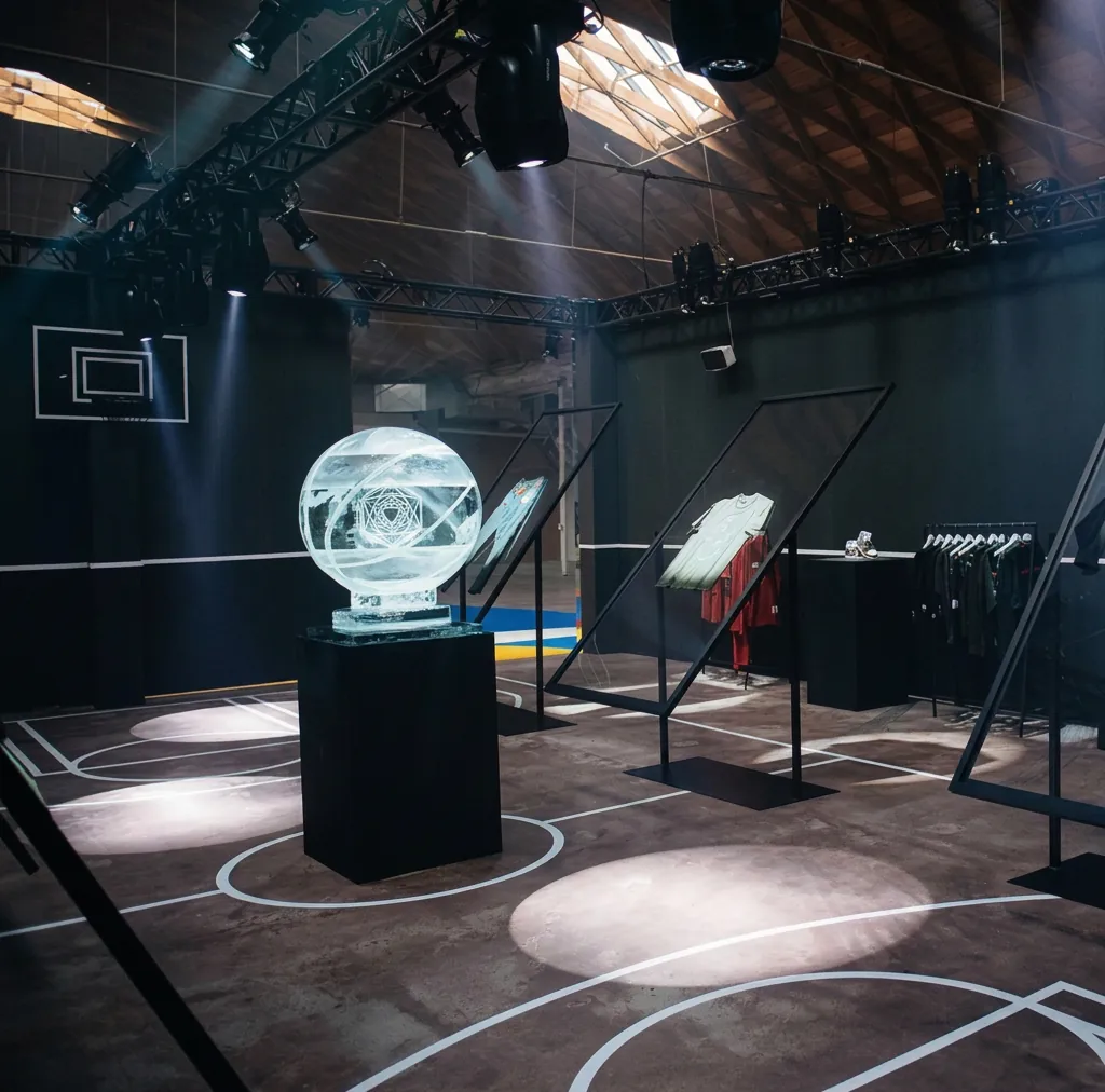 Brand activation space with truss-mounted lighting and display plinths