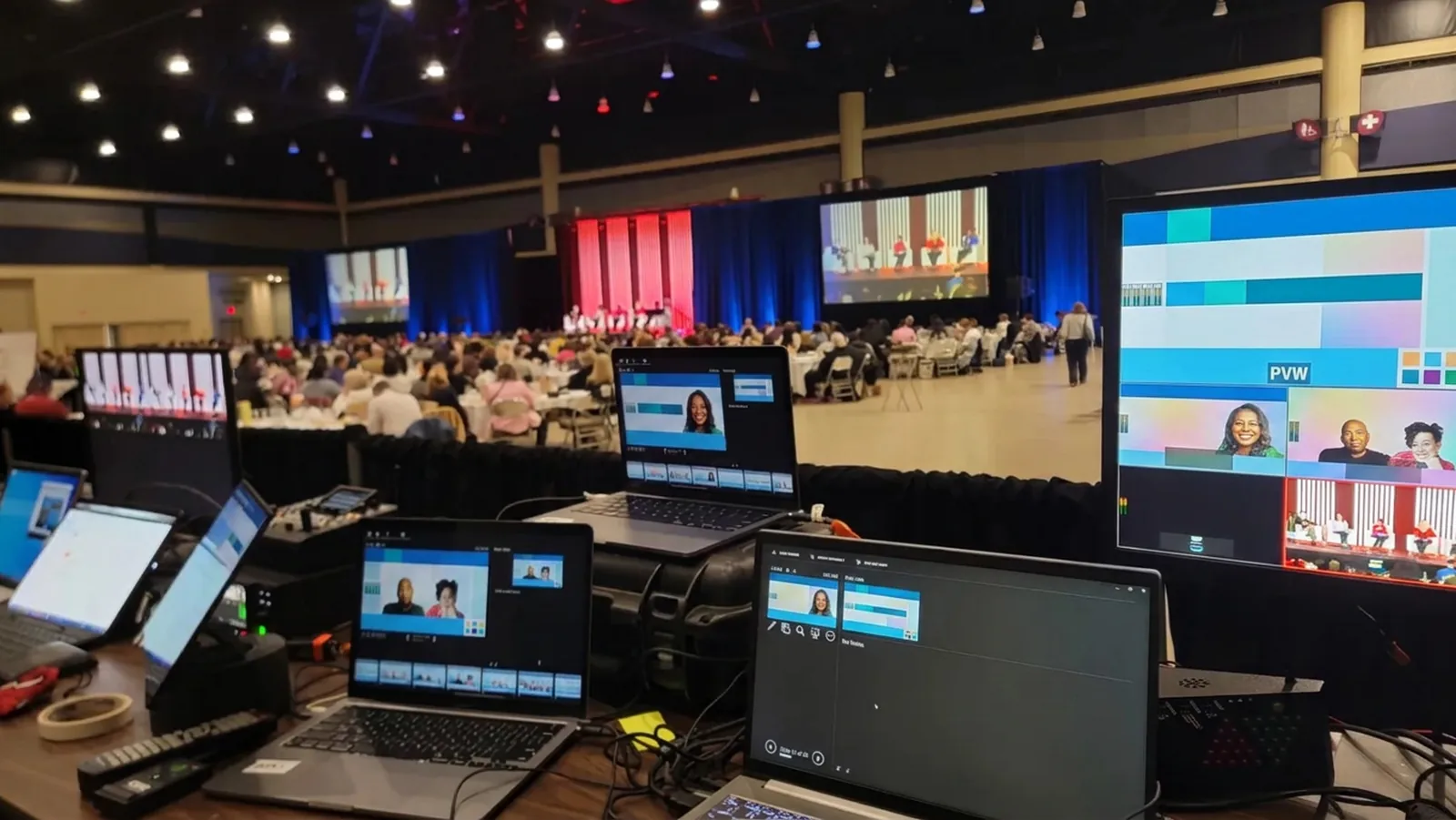 Control position facing a Dallas corporate general session stage with dual projection screens