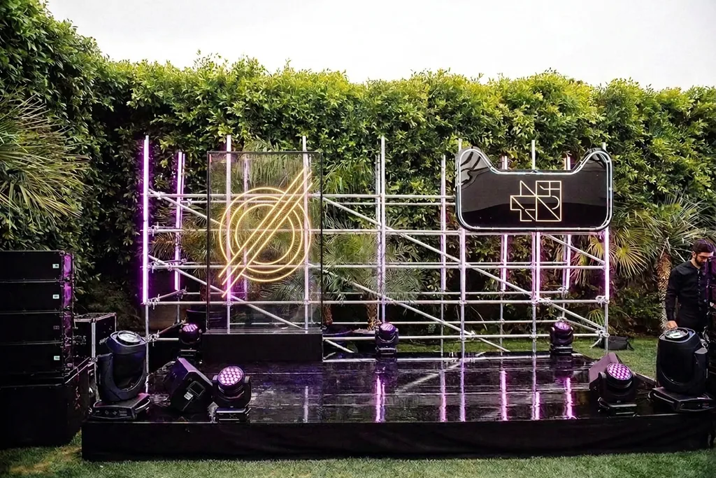 Outdoor brand activation stage with lighting and audio system in place